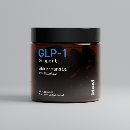 Supplement jar labeled 'GLP-1 Support' with 'Akkermansia Postbiotic' on a gray background