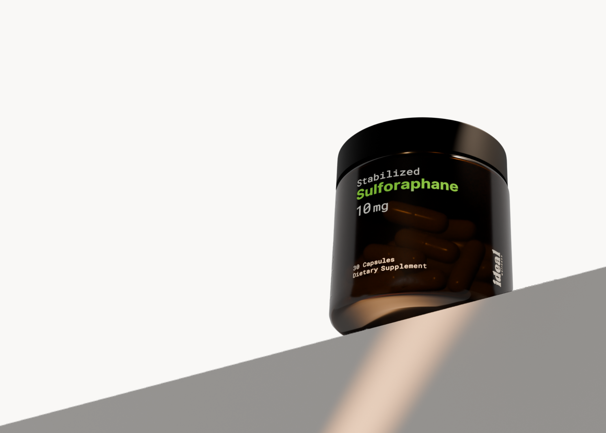Black supplement container labeled 'Stabilized Sulforaphane 10 mg' on a gray background